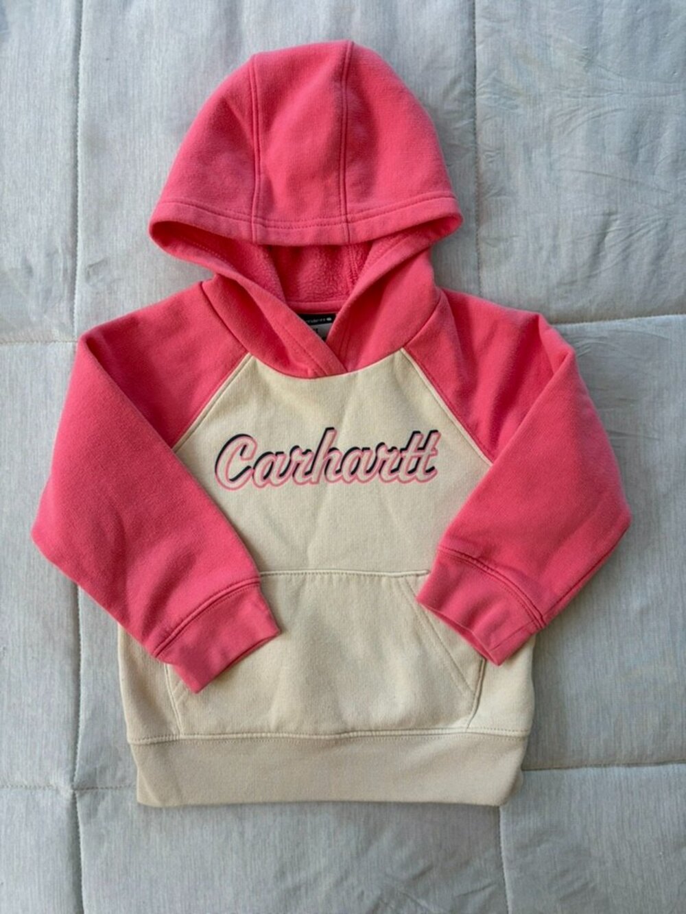 Carhartt Gorpcore Girls Raglan Logo Hoodie Coral Pink Cream Pullover Size 3T